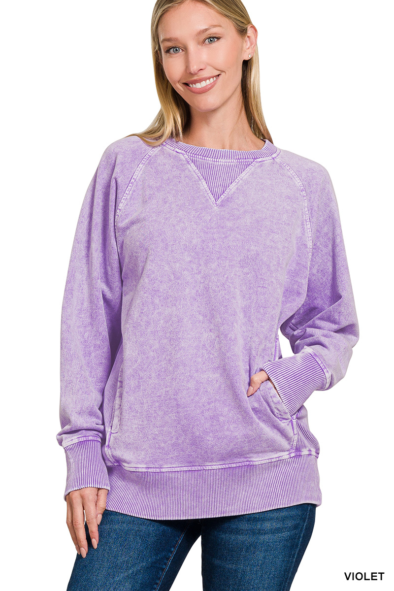 TTW-5325Y_ZENANA_VIOLET-2 Halo Washed French Terry Pullover - Image 1